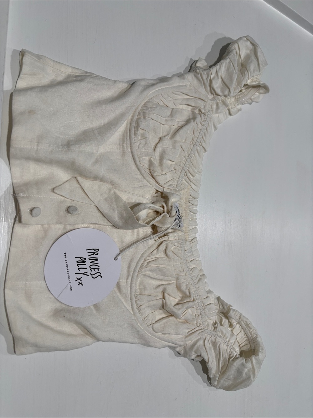 Princess Polly Cream Off-Shoulder Ruffle Tie Crop Top